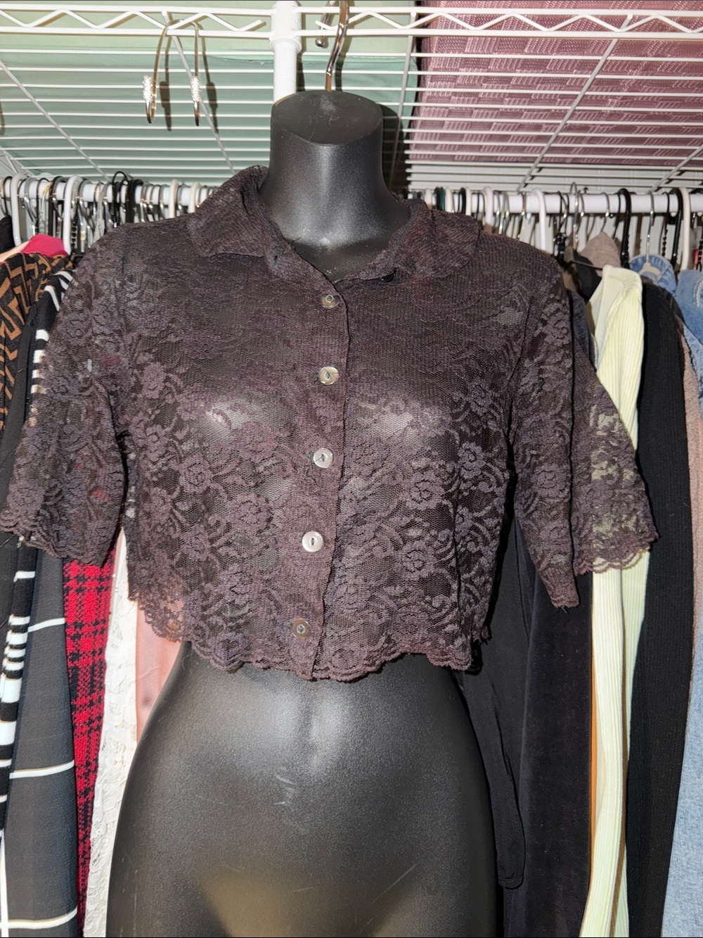 Cropped Floral Lace Button-Up Blouse - Black